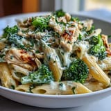 A skillet of High Protein Rotisserie Chicken Broccoli Pasta topped with extra Parmesan and fresh parsley for a weeknight dinner.