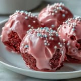 These Oreo Truffle Balls with Pink Candy Coating are stacked high for a party dessert platter.