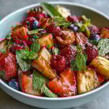 Sweet strawberries and juicy watermelon cubes glisten in a refreshing lemonade fruit salad, perfect for sunny summer picnics.