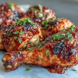 Smoky BBQ chicken drumsticks, glistening with sweet and spicy peach glaze, a summer favorite.