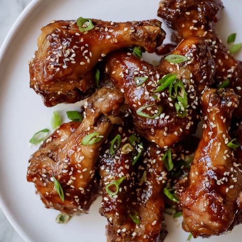 Appetizing photo of golden-brown Asian Sticky Wings, tossed in a sweet and savory glaze.