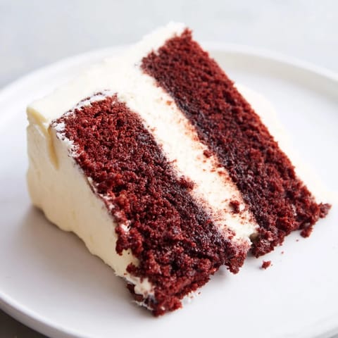 A slice of red velvet cake reveals a vibrant red crumb, perfect for special celebrations and desserts.