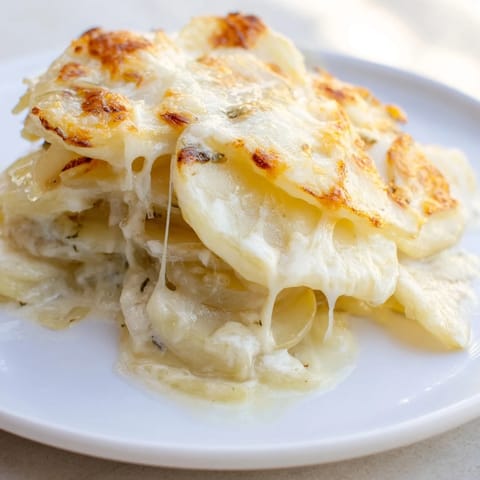 Close-up of perfectly layered Au Gratin Potatoes featuring melted cheese and creamy sauce.