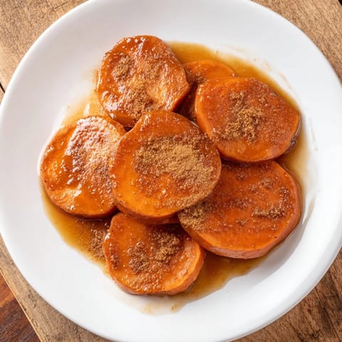 Warm, cinnamon-spiced candied yams, glistening with syrup, are a perfect Thanksgiving side dish.