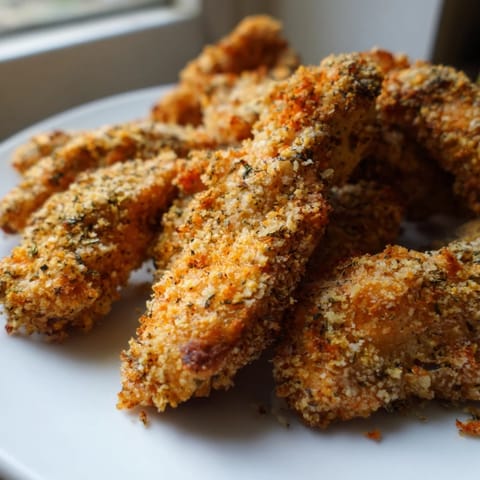 Freshly baked Crispy Panko Chicken Strips offer a crunchy texture, paired with a side of creamy ranch dressing and lemon wedges.