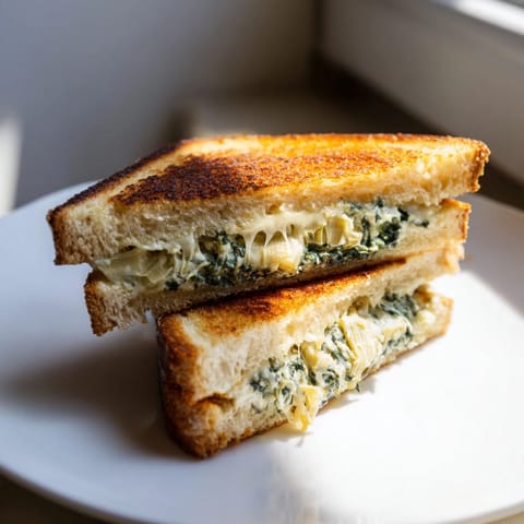 A close-up of the Spinach Artichoke Grilled Cheese shows melted mozzarella oozing from crisp, buttery bread alongside a creamy dip.