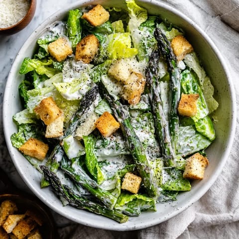Golden roasted asparagus and crunchy homemade croutons are arranged over chopped romaine in a large salad bowl with shaved Parmesan cheese.