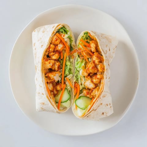 Soft wrap packed with spicy honey-glazed chicken, crunchy vegetables, and a drizzle of creamy sauce, sliced diagonally on a wooden board.