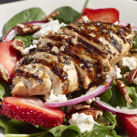Summer Strawberry Balsamic Chicken Salad in a rustic bowl, featuring toasted pecans, red onion, and fresh herbs for garnish.