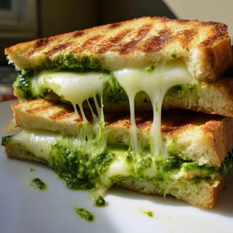 Golden, crisp sourdough slices bursting with melty mozzarella and vibrant spring pea pesto.