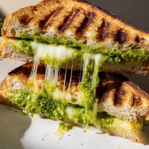 Spring Pea Pesto Grilled Cheese cut diagonally on a board, showing bright green pesto and melted cheese.