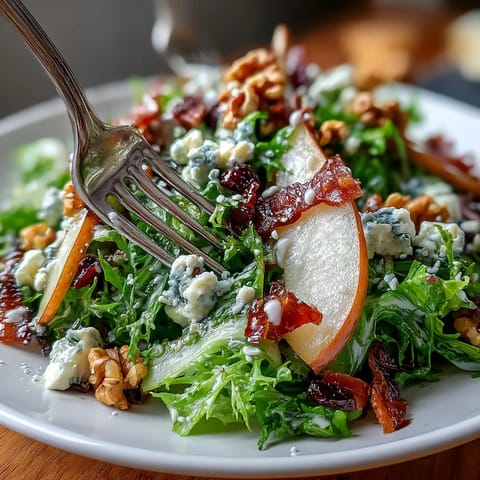 Crispy prosciutto shards add crunch to this Frisée, Pear, Blue Cheese, and Crispy Prosciutto Salad served with tangy vinaigrette.