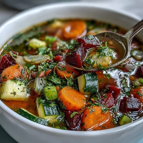 A steaming bowl of Rainbow Vegetable Detox Soup showcases vibrant red beets, orange carrots, and green zucchini in a rich, clear broth, garnished with fresh parsley and dill.  