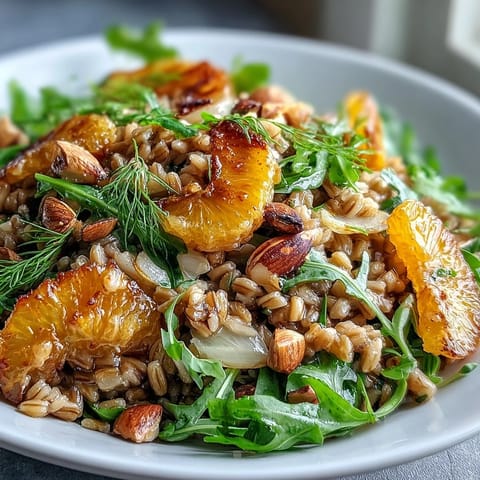 Bright Mediterranean farro salad with crisp fennel, juicy orange segments, and golden toasted almonds on arugula, perfect for a refreshing lunch.