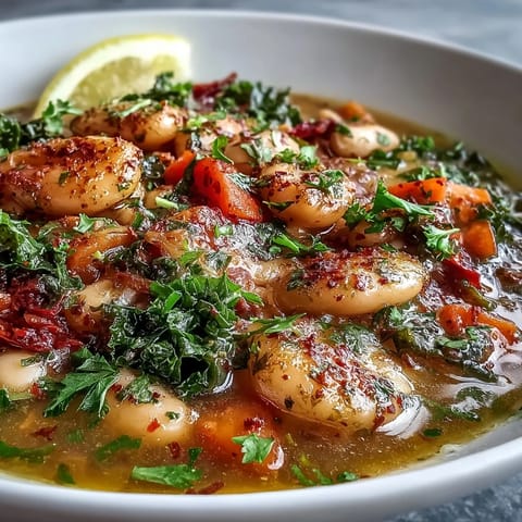 Mediterranean White Bean Stew steaming in a rustic bowl, topped with fresh parsley and served with lemon wedges.