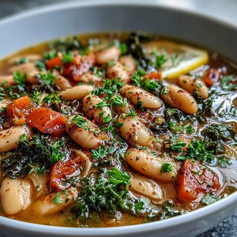 A large pot of Mediterranean White Bean Stew with kale, carrots, and red bell pepper in a rich broth.