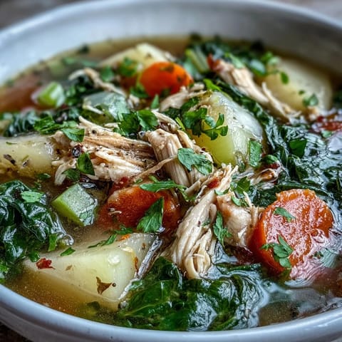 A steaming bowl of Collard Greens, Chicken and Vegetable Soup with tender shredded chicken, diced potatoes, and bright greens in a savory broth.  