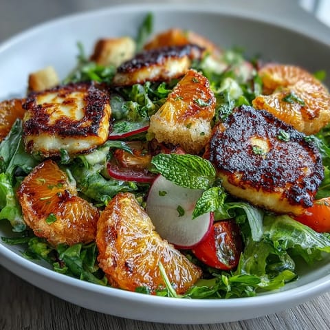 Crispy golden halloumi and vibrant blood orange slices rest atop fresh salad greens in this Halloumi Blood Orange Fattoush.