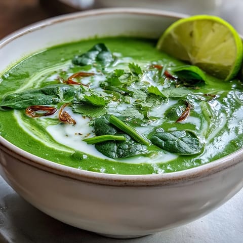 Creamy Spinach Coriander Lemongrass Soup with fragrant ginger and lime garnish.