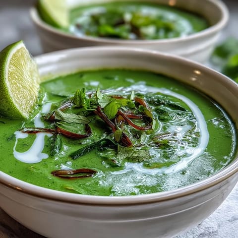 Vibrant vegan soup, Spinach Coriander Lemongrass, creamy coconut milk, vibrant.