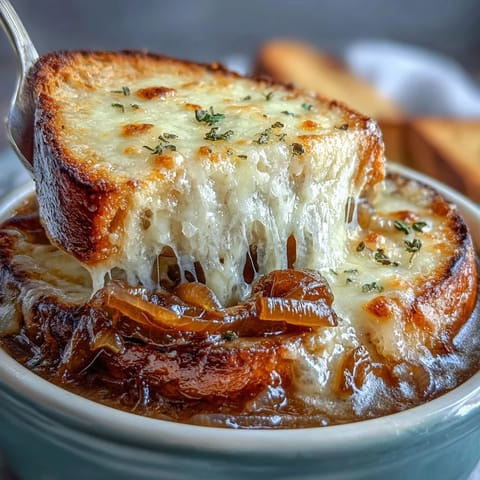 Steaming French Onion Soup in a rustic ceramic bowl, with golden-brown onions and a generous layer of melted cheese topping thick toast.  