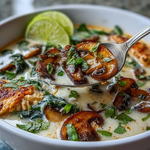 Tender chicken and mushrooms swim in creamy coconut milk infused with lemongrass and galangal.