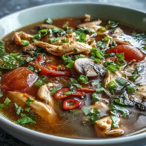 A steaming bowl of Tom Yum Chicken soup featuring tender sliced chicken, mushrooms, and tomatoes in a spicy, aromatic broth.