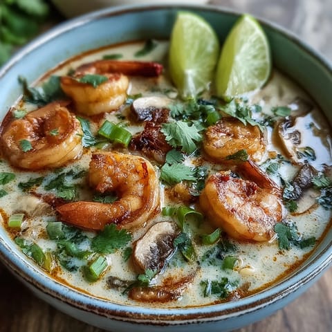 Steaming Thai Coconut Shrimp Soup served with lime wedges and green onions on a rustic wooden table.  