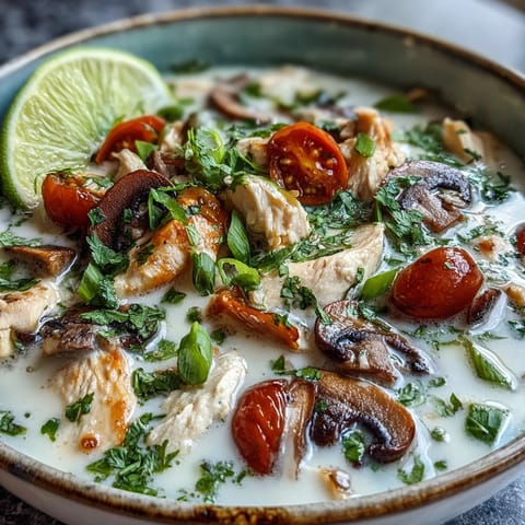 Creamy Tom Kha Gai Soup with tender chicken, mushrooms, and fresh cilantro garnish in a white bowl.