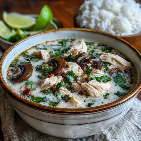 A close-up of Tom Kha soup with fresh cilantro garnish, showcasing vibrant colors and fragrant steam.  