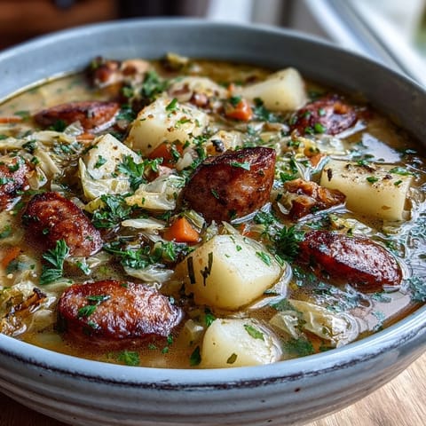 Steaming bowls of Sausage, Potato and Cabbage Soup garnished with fresh parsley and sour cream.