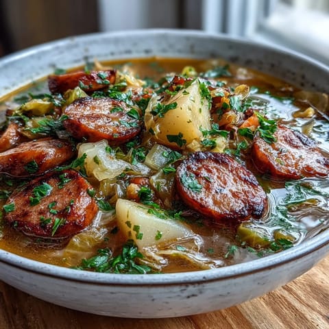 Hearty Sausage, Potato and Cabbage Soup simmering in a rustic pot with crusty bread on the side.