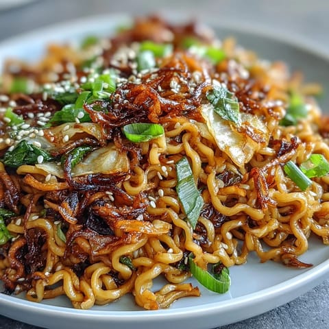 Fried Cabbage Ramen stir-fry in a skillet with julienned carrots and fresh scallions.