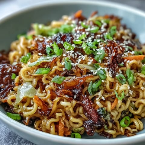 A plate of savory Fried Cabbage Ramen topped with scallion greens and sesame seeds.