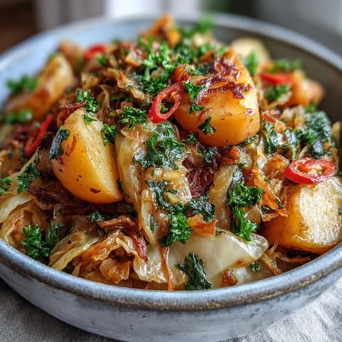 Braised Cabbage With Potatoes and Chili served steaming in a shallow bowl, garnished with parsley and lemon wedges alongside crusty bread.