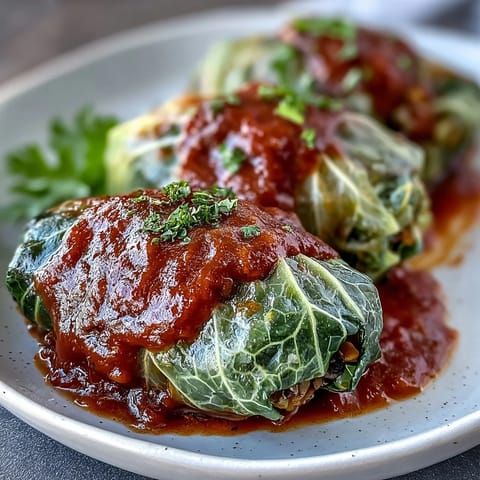 Hearty vegan cabbage rolls stuffed with lentils, rice, and herbs, fresh from the oven.