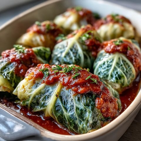 A close-up of stuffed Cabbage Rolls filled with ground beef and rice, drizzled with thick tomato sauce and fresh herbs.