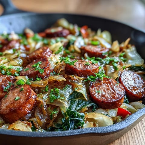 Golden-brown, smoky sausage slices mingle with sweet, tender cabbage in a savory skillet dinner.