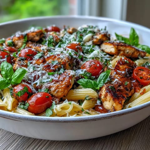 Plated Bruschetta Chicken Pasta featuring golden-seared chicken slices, al dente penne, and juicy cherry tomatoes, topped with fresh mozzarella and basil.