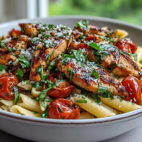 Bruschetta Chicken Pasta in a white bowl, with glossy balsamic-coated tomatoes, melted mozzarella, and Parmesan garnish beside a rustic bread slice.