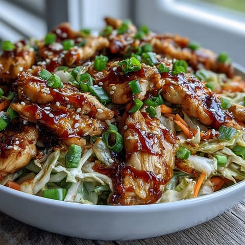 In a bowl, Egg Roll Bowls with Chicken and Cabbage are garnished with green onions and sesame seeds next to a bottle of chili crisp.