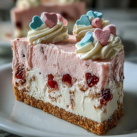 Freshly sliced Candy Hearts Fake Cake reveals silky cream cheese and whipped cream on a graham cracker crust.