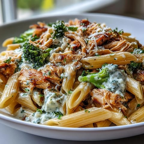Bright green broccoli florets and tender shredded rotisserie chicken coated in a creamy Greek yogurt sauce with whole-wheat penne.