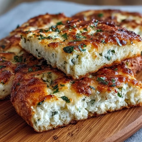 Warm, tender Fluffy Cottage Cheese Flatbread brushed with herbs and olive oil, stacked and ready to serve.