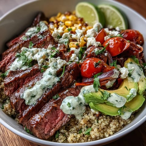 A creamy green cilantro sauce drizzles over the Steak, Avocado, and Roasted Corn Bowl garnished with lime wedges.