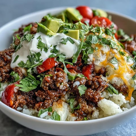 Spiced ground beef and cauliflower rice layered in a Low Carb Burrito Bowl with fresh avocado, tomatoes, and sour cream.