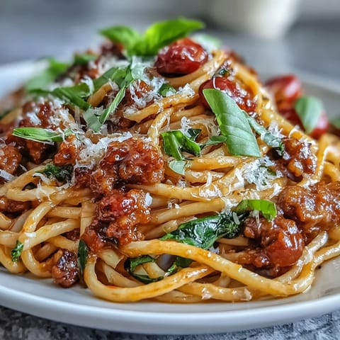 Sizzling Italian Drunken Noodles with spicy sausage, sweet cherry tomatoes, and fresh basil garnish on a rustic plate.