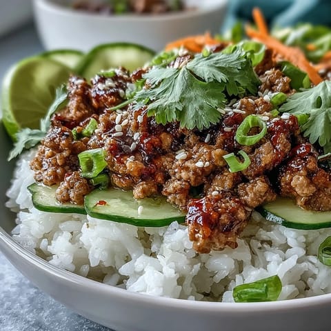 A warm bowl of Bang Bang Ground Turkey Rice Bowls features saucy turkey over fluffy rice with crisp, colorful vegetables.