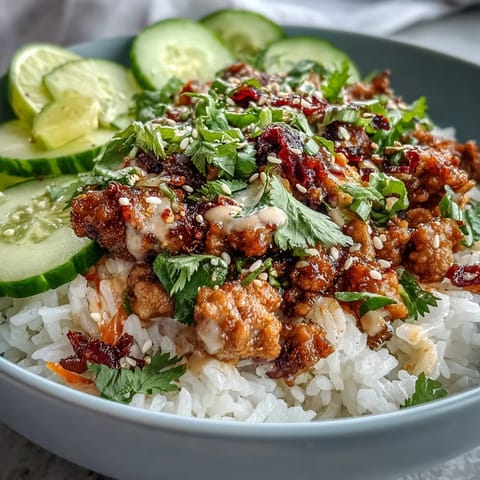 Bang Bang Ground Turkey Rice Bowls topped with crunchy carrots, cucumbers, and cabbage, drizzled with tangy chili mayo sauce.