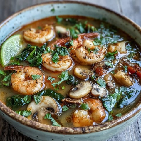 Tom Yum Soup served in a rustic ceramic bowl with lime wedges, cilantro, and vibrant red Thai chiles.